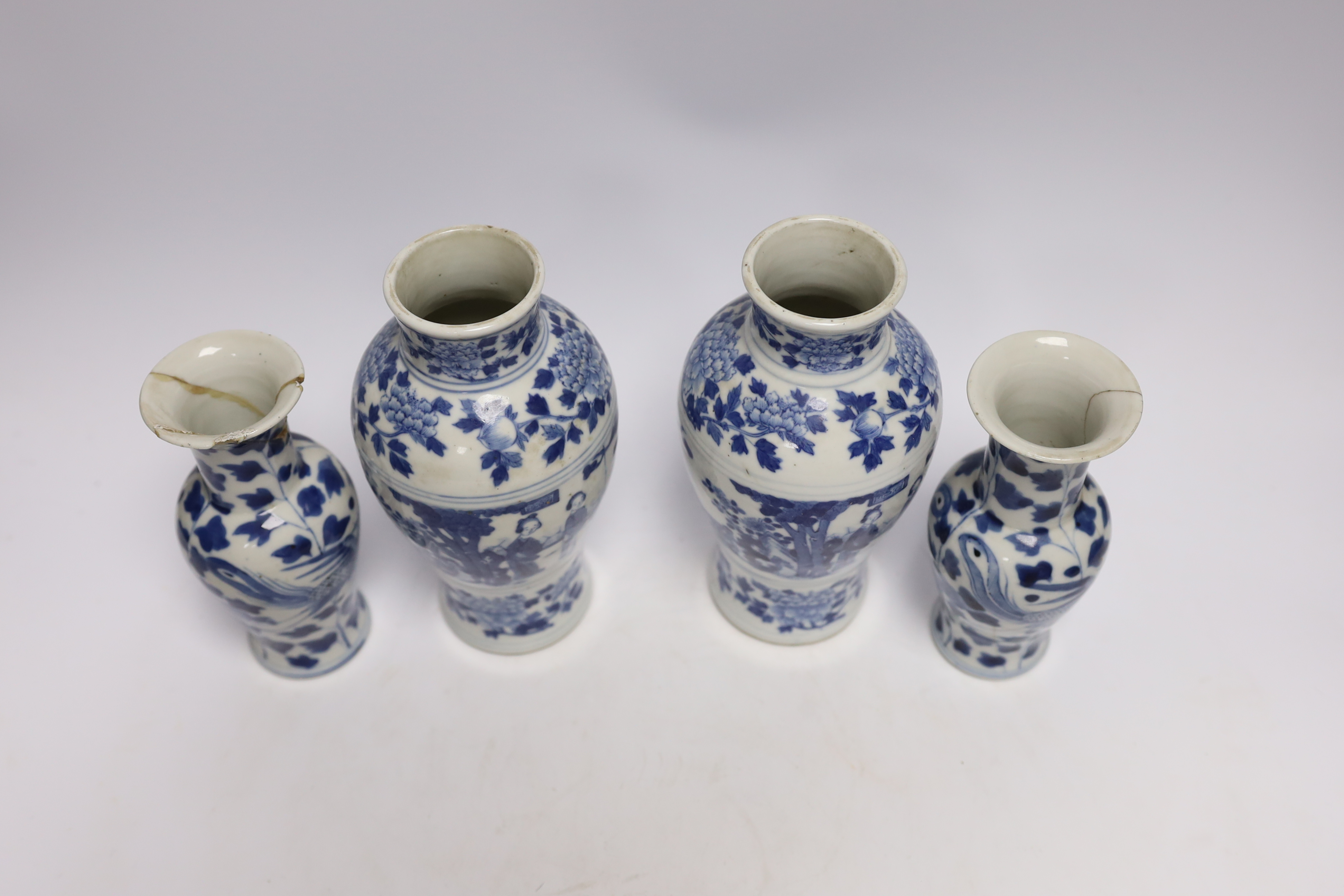 Two pairs of Chinese blue and white vases, largest 19cm high